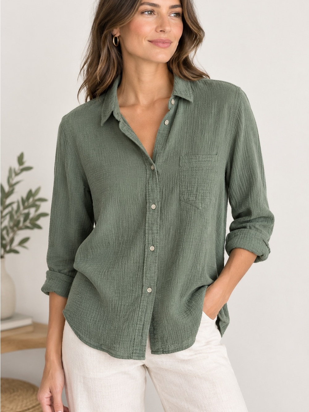 J. Crew Women’s Green Long Sleeve Super Soft Cotton Button Down Shirt- Size S